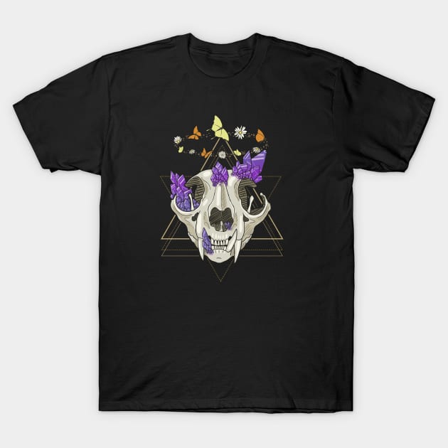 Cat Skull with Crystals, Butterflies, and Geometric Accents on Black T-Shirt by KMogenArt